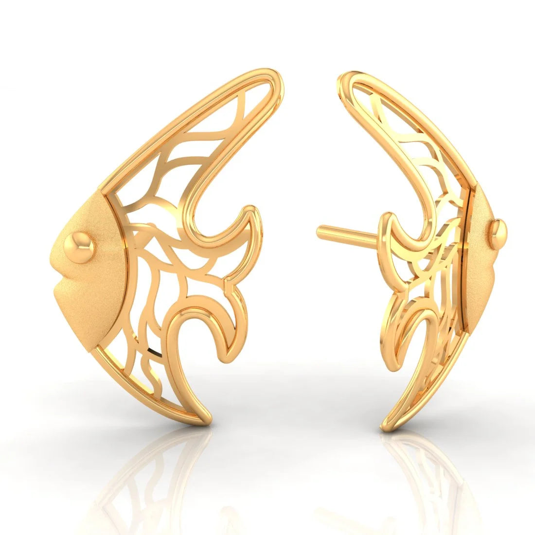 Ladies gold hoop earrings-22KT (916) Yellow Gold Fish Stud Earrings With Intricate Cut-out Pattern