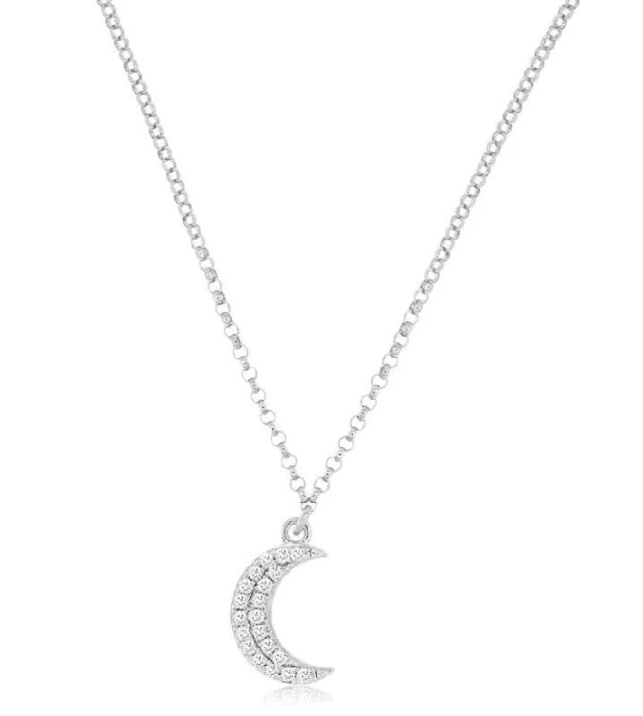 Ladies silver necklace-14k white gold small crescent moon with diamonds 18"