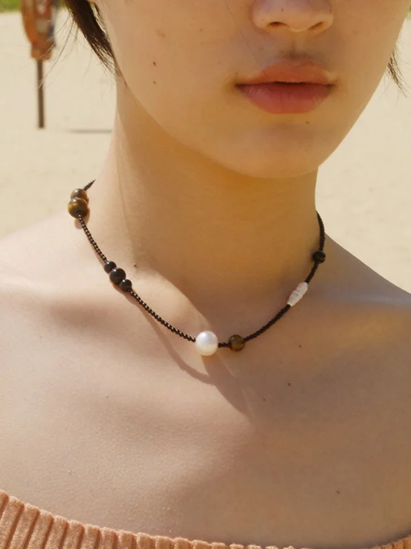 Ladies double-layer necklace-Contrasting Aesthetics Black Agate Tiger Eye Stone Necklace