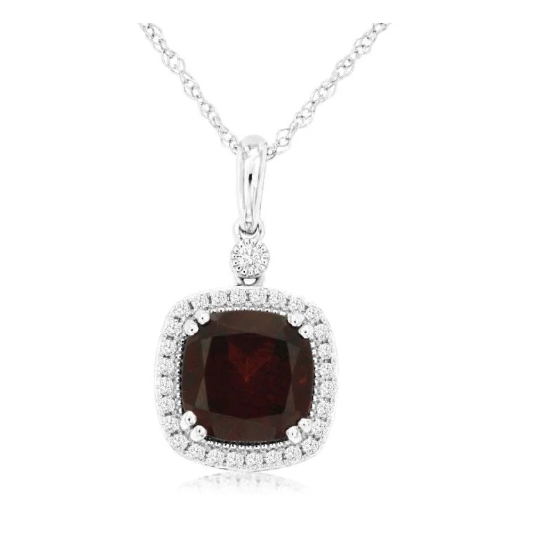 Ladies casual gold necklace-14k white gold cushion garnet diamond halo necklace