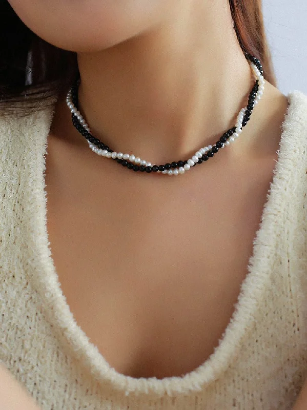 Ladies crystal necklace-Black Agate Natural Pearl Double Layer Necklace