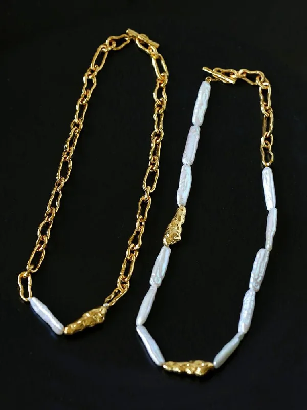 Ladies double-layer necklace-Golden Harmony Baroque Pearl Chain Collar Necklace