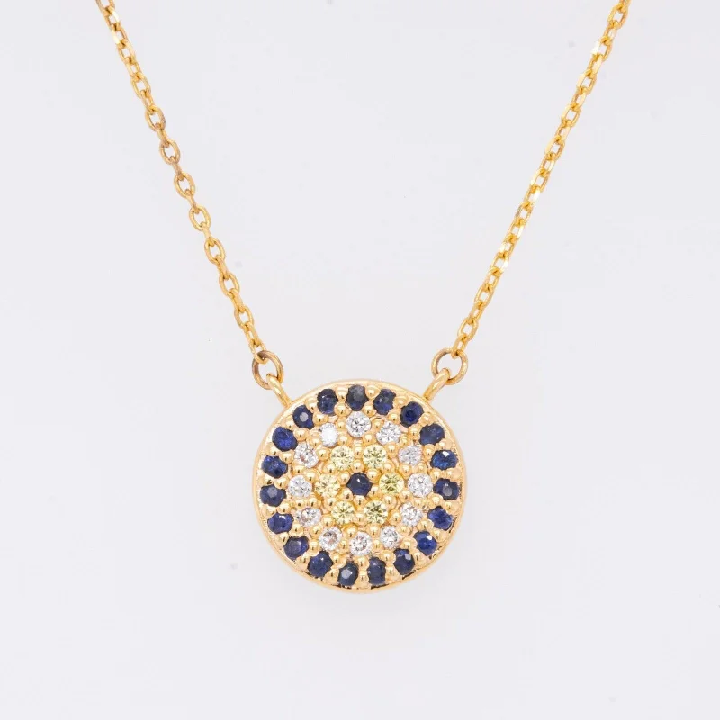 Ladies fashion statement necklace-14k Yellow Gold Evil Eye Diamond Sapphire Citrine Pendant Necklace 18.5" 2.9g