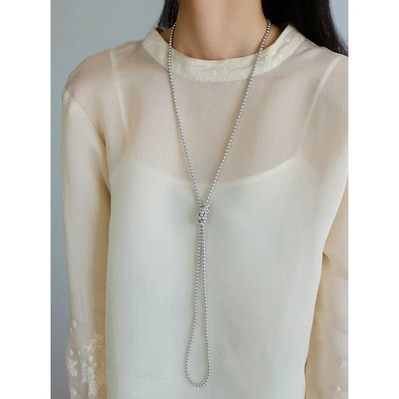 Ladies layered necklace-Swarovski Grey 4mm Pearl Long Necklace