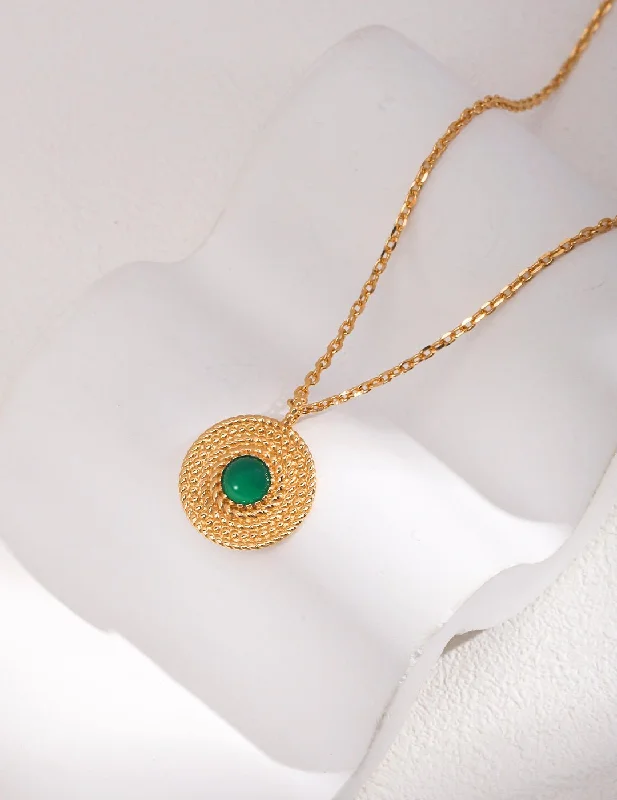 Ladies trendy gold necklace-Vintage Disc Chrysoprase Pendant Necklace