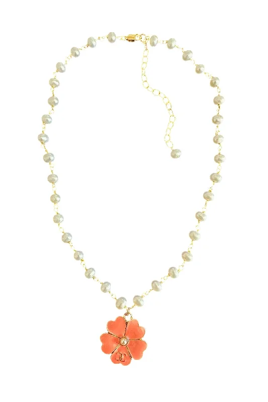 Ladies chain necklace-CC Pink Flower Charm Necklace