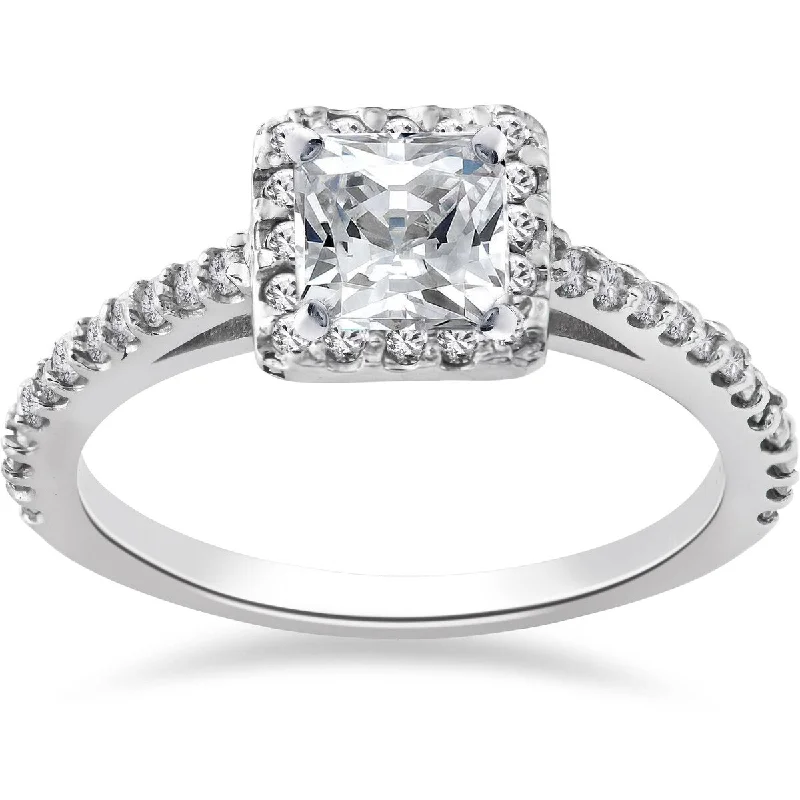 Ladies wedding and engagement ring set-1ct Princess Cut Pave Halo Diamond Engagement Ring 14K White Gold