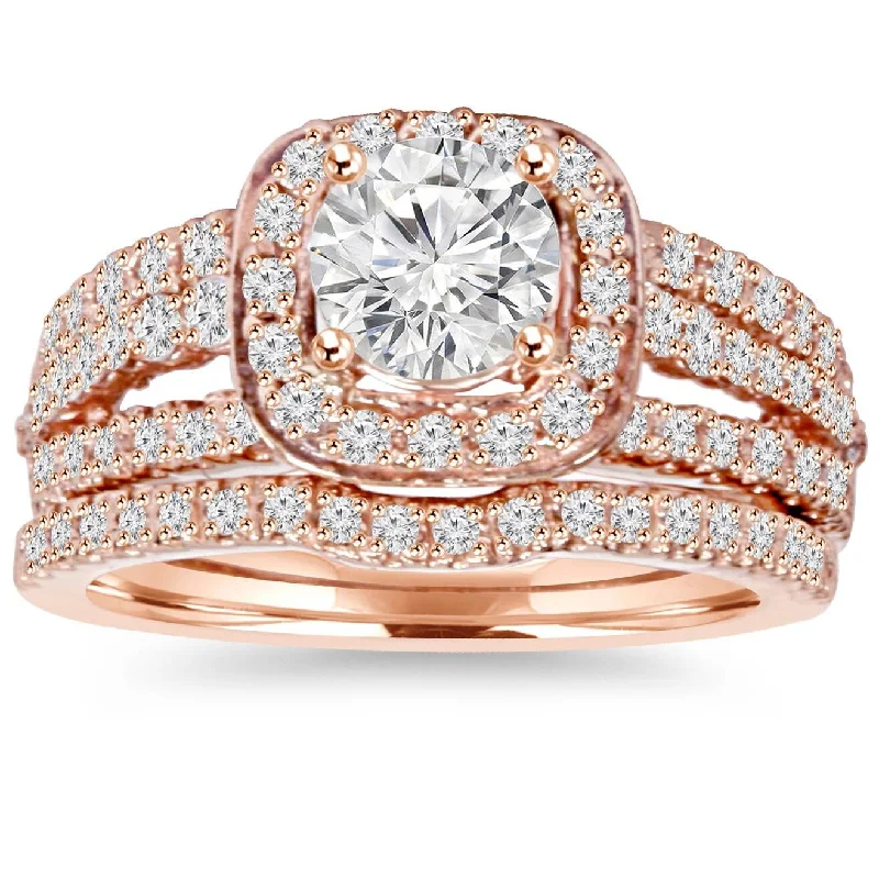 Ladies engagement ring with side diamonds-1.50CT Cushion Halo Diamond Engagement Ring Set Rose Gold