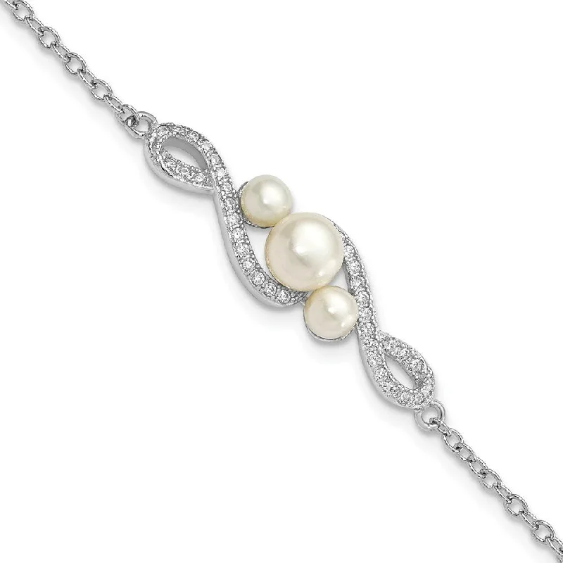 Ladies gemstone bracelet-925 Sterling Silver Rhodium-plated Cubic Zirconia 4-7mm White Button FWC Pearl Bracelet, 9" w/2in Extender