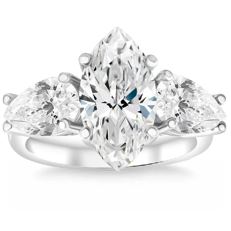 Ladies solitaire diamond engagement ring-Certified 5Ct TW Marquise & Pear Three Stone Engagement Ring Gold Lab Grown