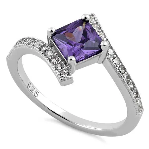 Ladies stackable silver rings-Sterling Silver Elegant Princess Cut Amethyst CZ Ring