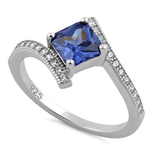 Ladies engraved ring-Sterling Silver Elegant Princess Cut Tanzanite CZ Ring