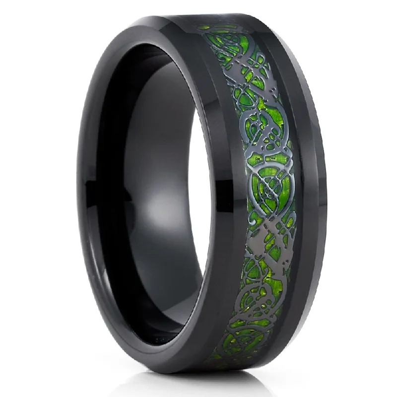 Ladies custom designed engagement ring-Green Dragon Tungsten Engagement Ring 8Mm Black Comfort Fit Cobalt Free