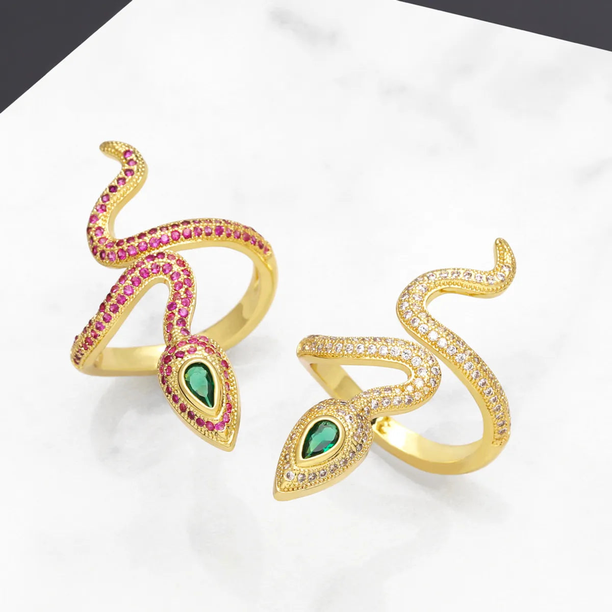 Ladies vintage-inspired ring-Hip-hop Snake Copper 18k Gold Plated Zircon Open Ring In Bulk