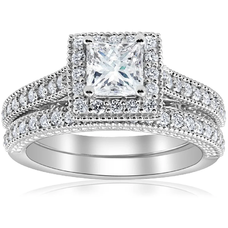 Ladies gold engagement ring-1 1/2ct Princess Cut Halo Vintage Diamond Engagement Ring White Gold