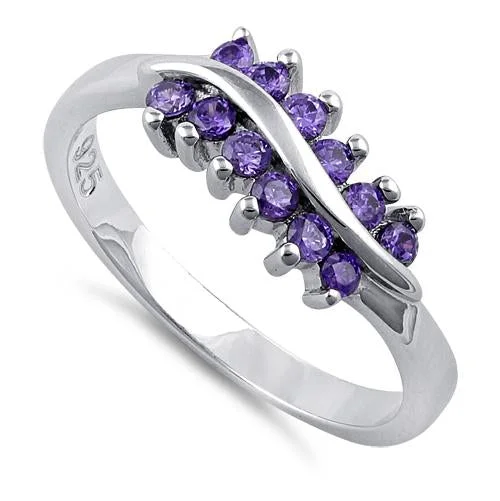 Ladies personalized ring-Sterling Silver Curve Amethyst CZ Ring