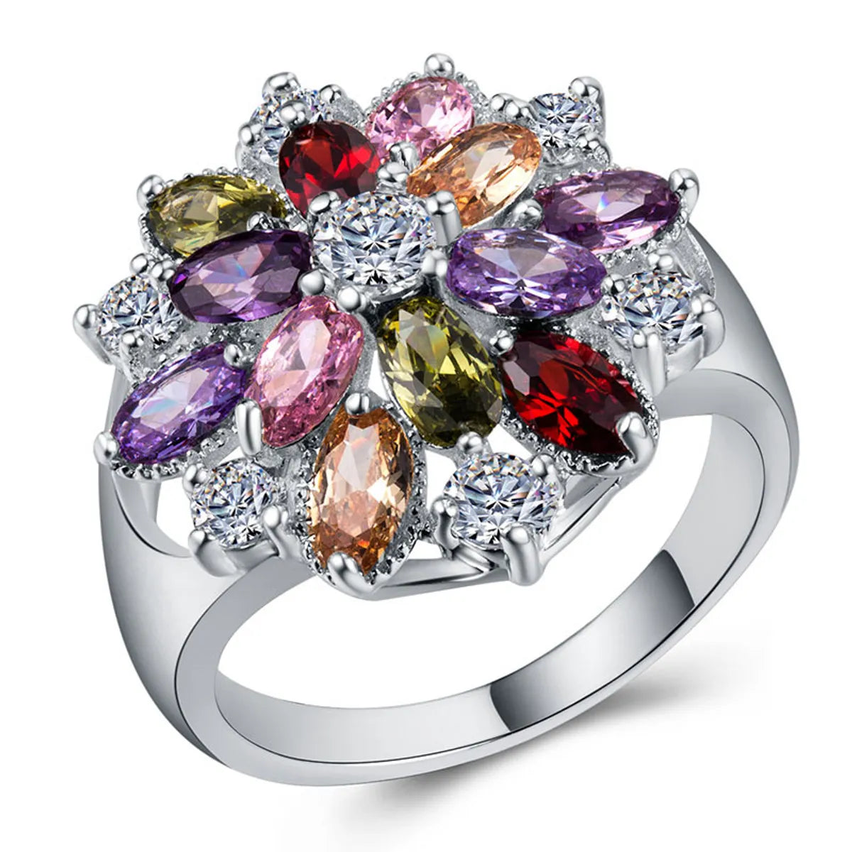 Ladies emerald-cut ring-Creative Fashion Copper Inlaid Color Zircon Flower Shape Ring