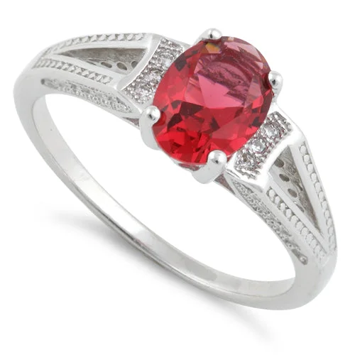 Ladies sapphire engagement ring-Sterling Silver Ruby Oval Cut CZ Ring