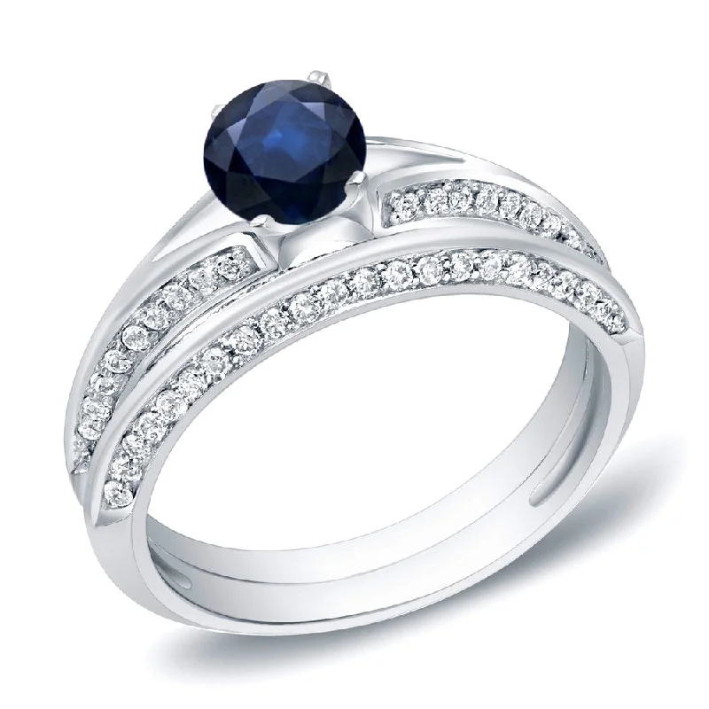 Ladies colored gemstone engagement ring-Auriya Modern Round 3/5ct Blue Sapphire and 2/5ct TDW Diamond Engagement Ring Set 14K Gold