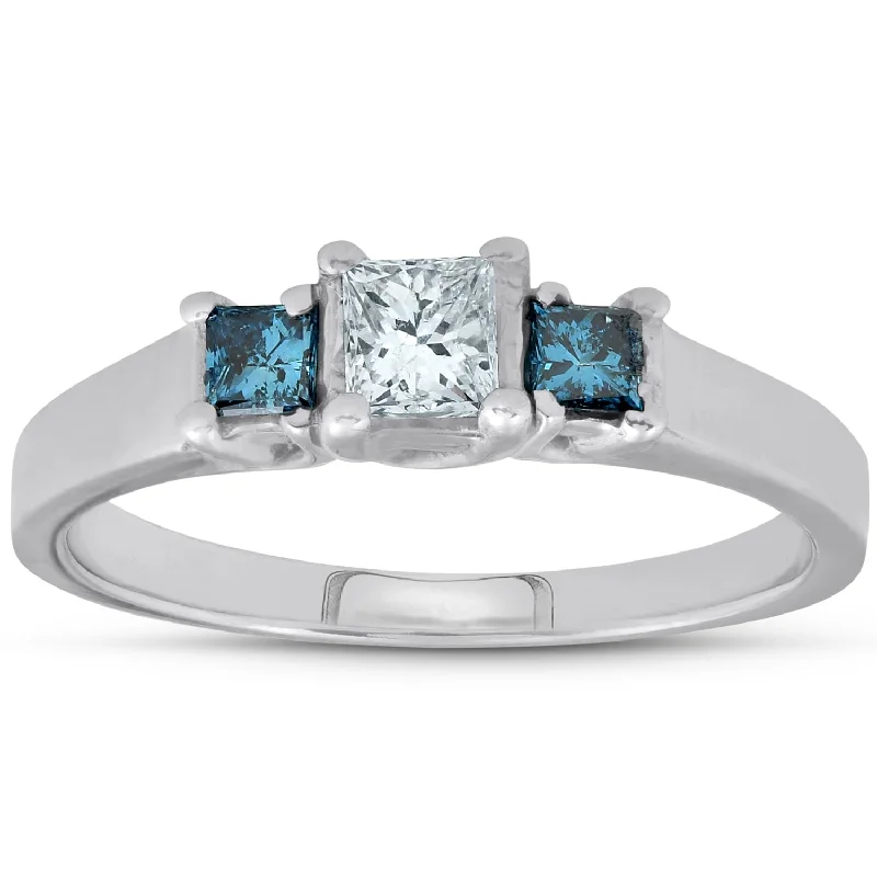 Ladies engagement ring with alternating stones-1/2ct Princess Cut Treated Blue & White Diamond 3-Stone Engagement Ring Gold