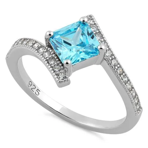 Ladies sapphire engagement ring-Sterling Silver Elegant Princess Cut Aqua Blue CZ Ring