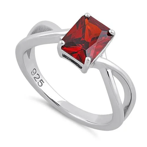 Ladies ring with emeralds-Sterling Silver Twist Emerald Cut Garnet CZ Ring