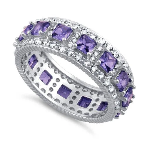 Ladies diamond ring-Sterling Silver Eternity Princess Cut Amethyst CZ Ring