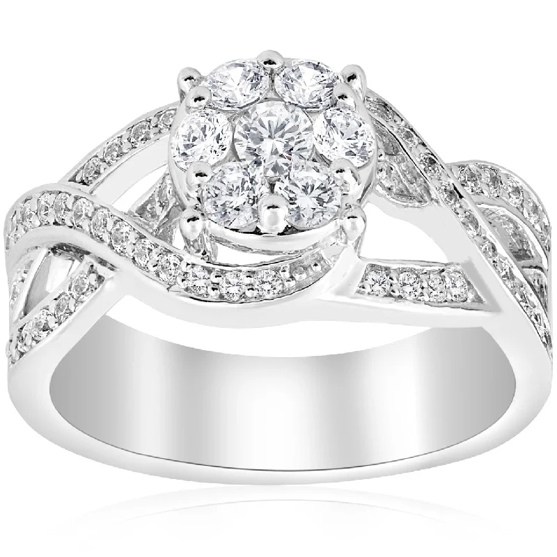 Ladies custom engagement ring design-1ct Pave Round Brilliant Halo Diamond Engagement Cross Over Ring White Gold