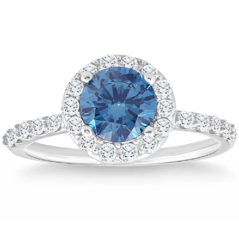 Ladies rose gold wedding engagement ring-2Ct TW Blue & White Diamond Halo Engagement Ring in White Gold