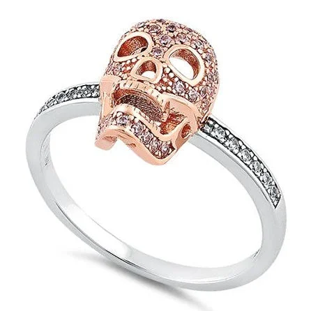 Ladies solitaire ring-Sterling Silver Rose Gold Two Tone Skull Pink & Clear CZ Ring