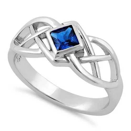 Ladies rose gold ring-Sterling Silver Blue Spinel CZ Celtic Ring