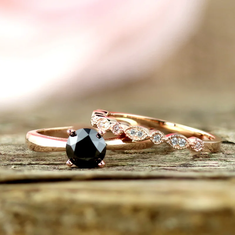 Ladies timeless engagement ring-Auriya 14k Gold 1 1/6ctw Vintage Solitaire Black Diamond Engagement Ring Set