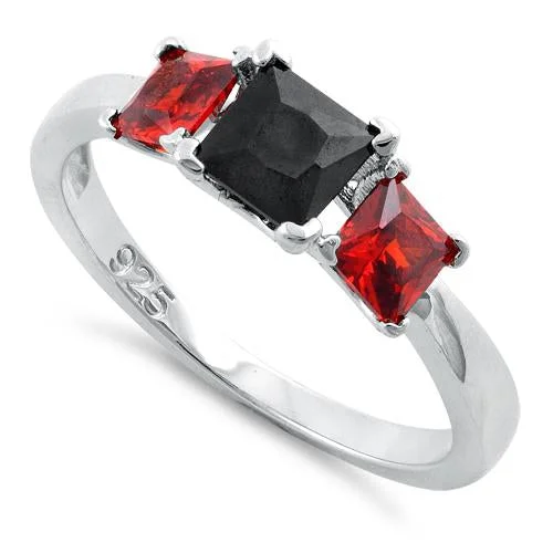 Ladies oval ring-Sterling Silver Triple Square Black & Garnet CZ Ring