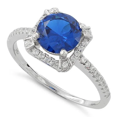 Ladies personalized ring-Sterling Silver Blue Sapphire Round Halo Pave CZ Ring