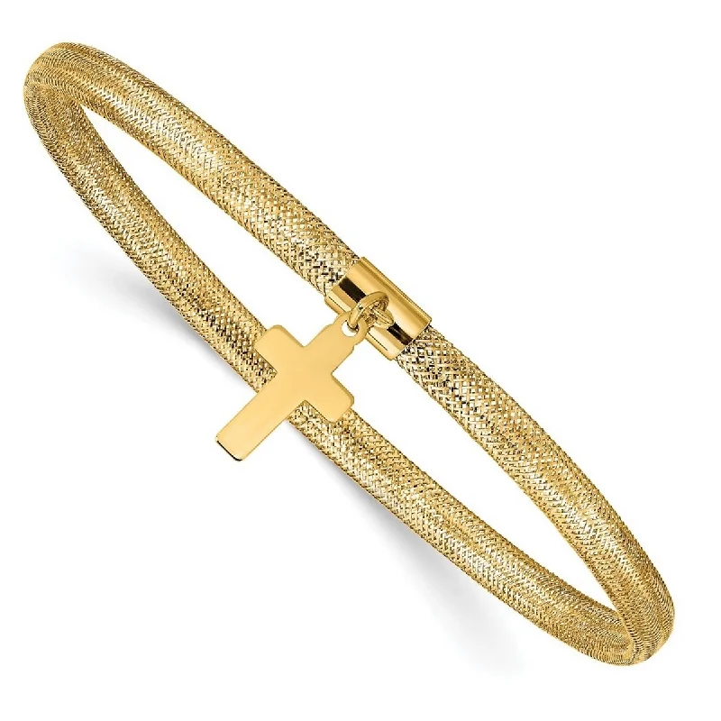 Ladies stackable bangle-Curata 10k Yellow Gold 7.5" 4.5mm Dangling Cross Mesh Stretch Bracelet