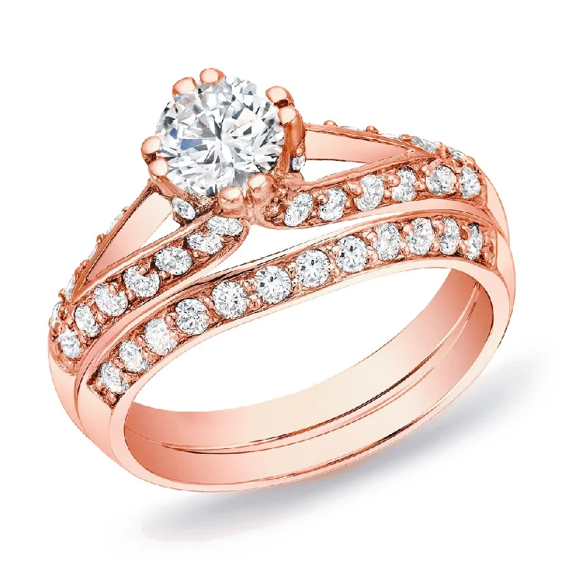 Ladies engagement ring with matching wedding band-Auriya 14k Rose Gold 1 1/4ctw Unique Round Diamond Engagement Ring Set