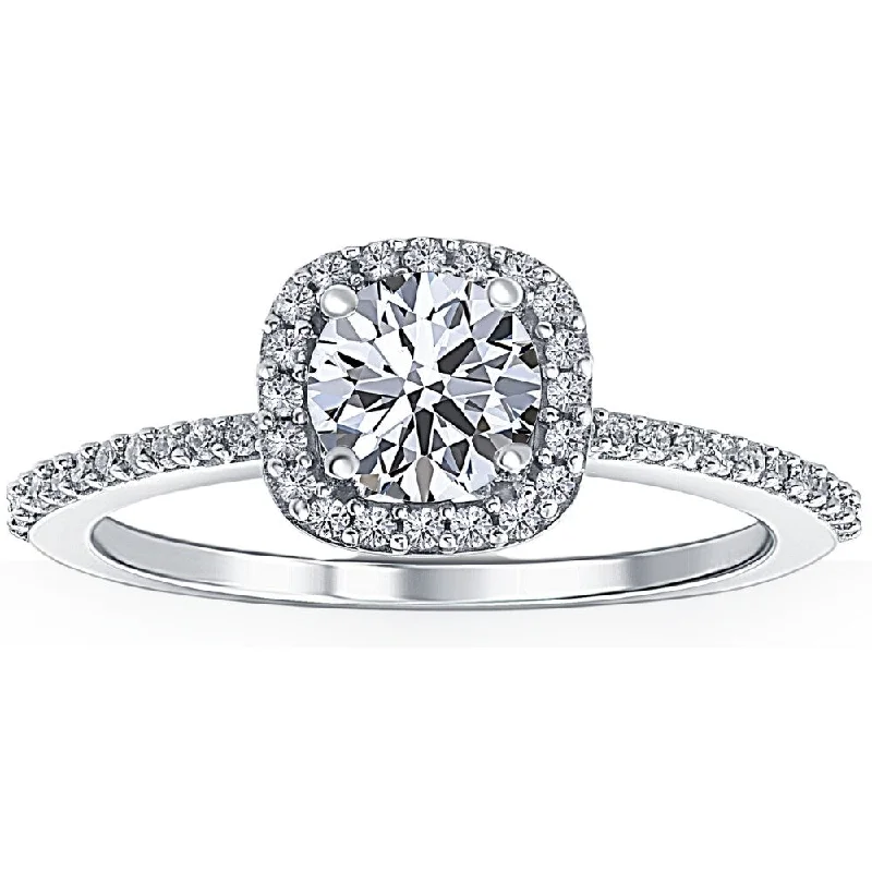 Ladies custom platinum engagement ring-1 Ct Cushion Halo Diamond Engagement Ring 10k White Gold Lab Grown