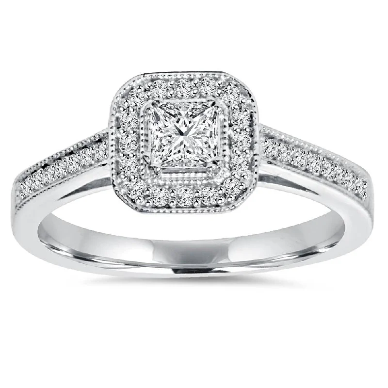 Ladies engagement ring with matching wedding set-5/8ct Princess Cut Diamond Halo Engagement Ring White Gold