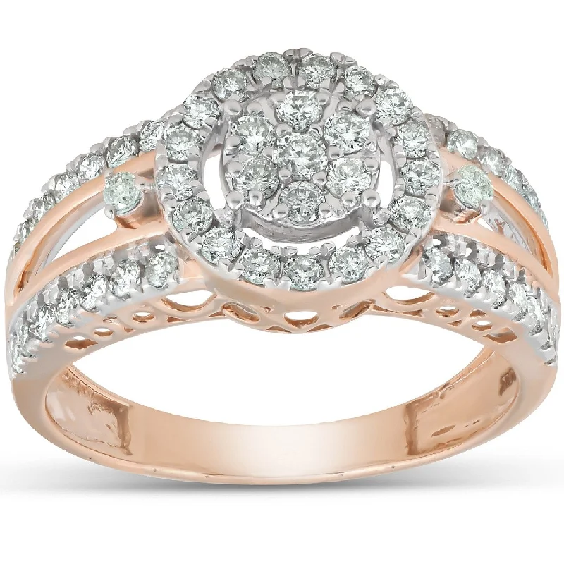 Ladies emerald cut engagement ring-3/4 Ct Halo Round Diamond Multi Band Engagement Ring Rose Gold