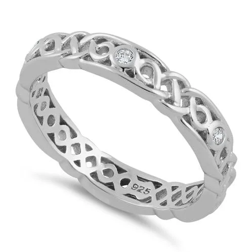 Ladies birthstone ring-Sterling Silver Braided Eternity Clear CZ Ring