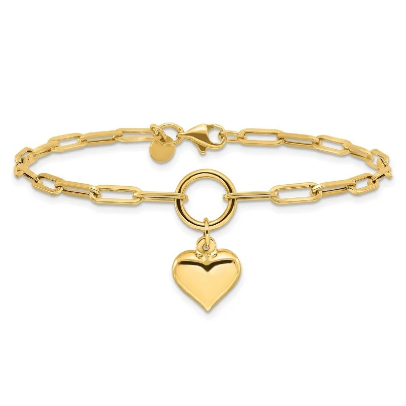 Ladies bangles for weddings-Curata 14k Yellow Gold 7.25"12.3mm Polished Puffed Heart Paperclip Link Bracelet