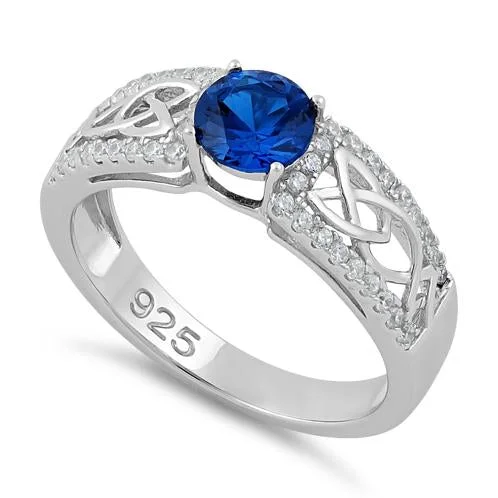 Ladies eternity ring-Sterling Silver Celtic Pave Blue Spinel Round CZ Ring