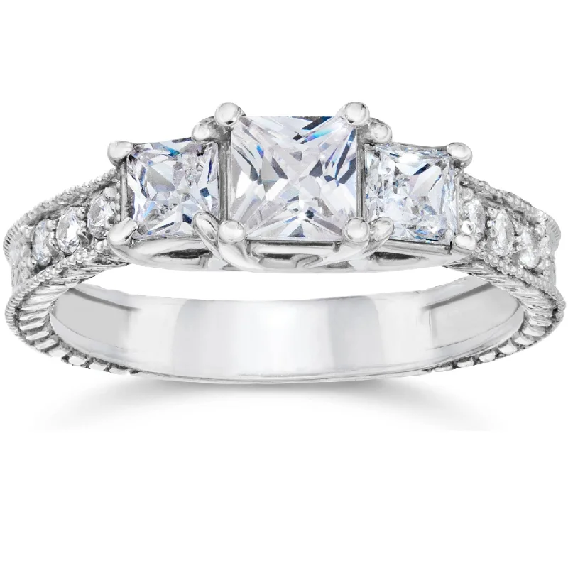 Ladies engagement ring with big diamond-1 1/4ct Vintage Three Stone Princess Cut Diamond Engagement Ring White Gold