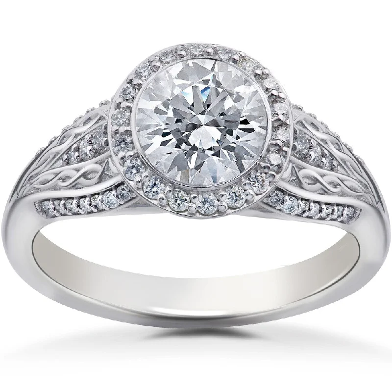 Ladies budget engagement ring-14k White Gold 1 1/4 ct TDW Lab Grown Eco Friendly Diamond Vintage Halo Engagement Ring