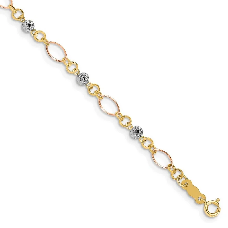 Ladies crystal bracelet-Curata 14k Tricolor Gold 7.5" Diamond Cut Beads Oval Links Bracelet