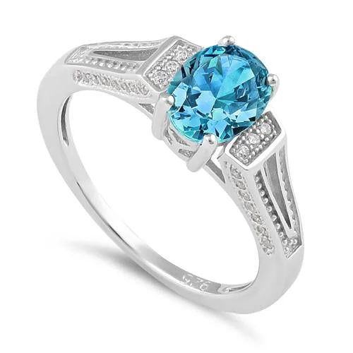 Ladies diamond wedding ring-Sterling Silver Aqua Blue Oval Cut CZ Ring