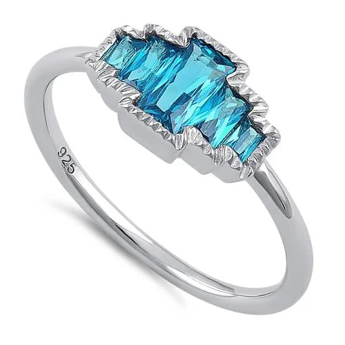 Ladies wedding ring set-Sterling Silver Five Radiant Cut Aqua Blue CZ Ring