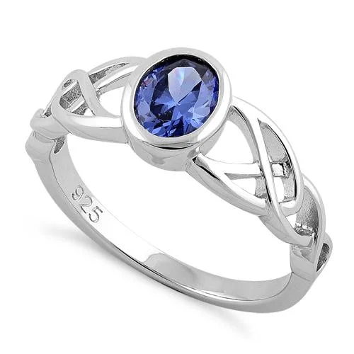 Ladies three-stone engagement ring-Sterling Silver Oval Tanzanite CZ Celtic Ring