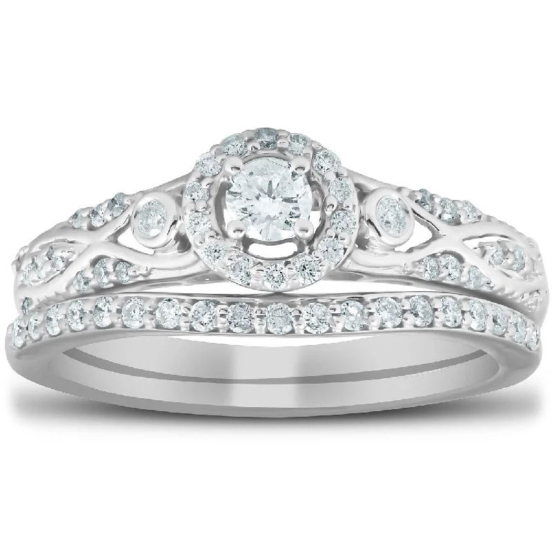 Ladies vintage engagement ring-1/2 Ct Halo Round Diamond Vintage Engagement Wedding Ring Set White Gold