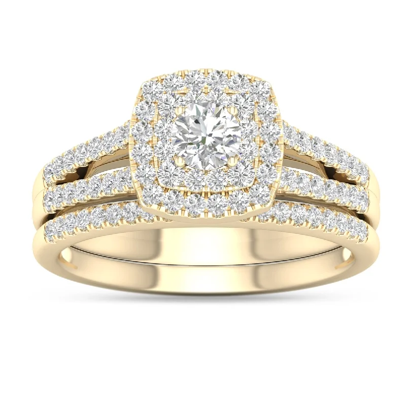 Ladies engagement ring with twisted band-De Couer IGI Certified 10k Yellow Gold 3/4ct TDW Diamond Cluster Engagement Ring Set with One Band